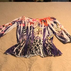 Vertical pleats . White with purple orange , yellow , green . Beautiful